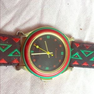 Vintage 90s quartz green, red and gold wrist watch